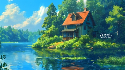 绿林治愈湖中小屋