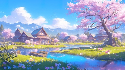 唯美治愈乡村房屋樱花溪流