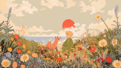 日落插画治愈晚霞风景小王子插画