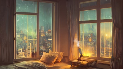 夜晚窗外雨中都市