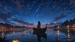 唯美湖泊星空流星少女