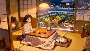 温暖的小屋里的女孩与猫