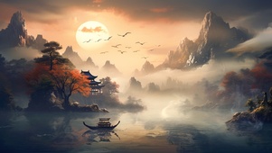 傍晚湖面孤舟