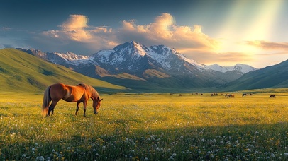 雪山脚下的野马草原