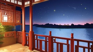 夜晚湖边凭栏远眺