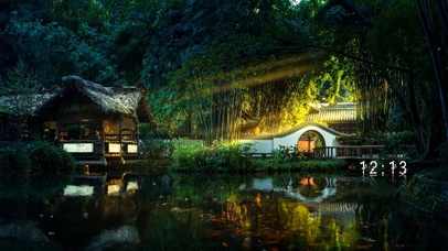 4K清晨阳光竹林草屋池塘