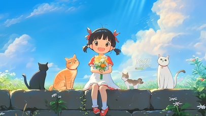 田野间猫咪和女孩