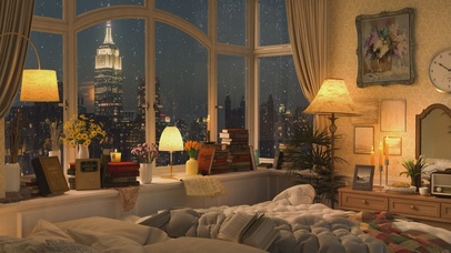 唯美治愈温馨雪夜城市房间