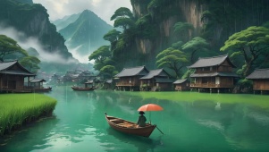 烟雨河边古镇