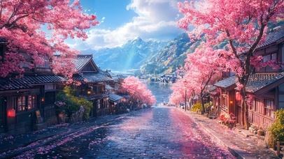 唯美海边樱花古镇