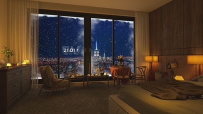 4K唯美治愈城市飘雪房间