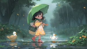 雨中女孩与小鸭子
