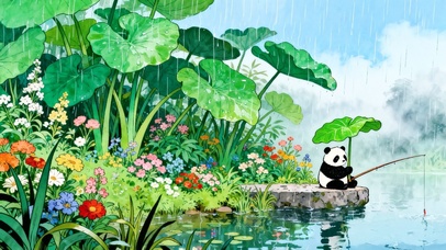 雨中钓鱼的熊猫