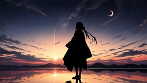 湖边晚霞少女