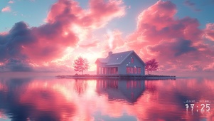 水镜晚霞小屋
