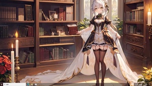 4k图书馆晚礼服黑丝白发美少女