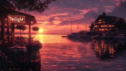 晚霞中的海边酒馆