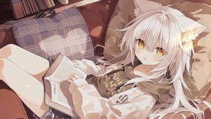 治愈看书白猫女孩