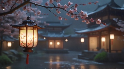 雨中樱花树下灯笼