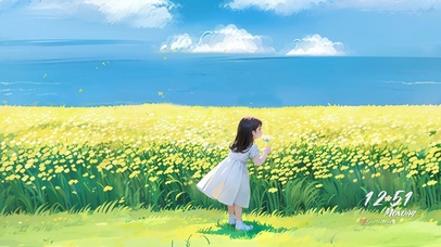 花海中闻香的小女孩