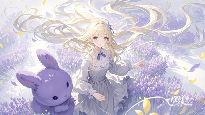 薰衣草中的紫兔和少女