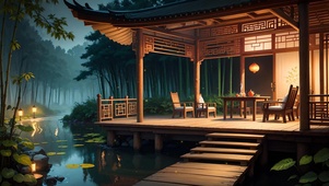 夜晚小屋闲坐