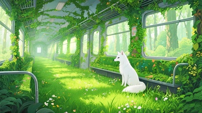 长满绿植列车中的白狐