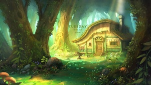 午后阳光森林小木屋
