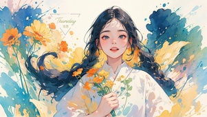 水彩鲜花少女