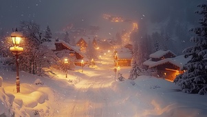  雪天法式风情小镇夜景