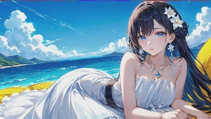 蓝天海边卧枕连衣裙卡通少女4k