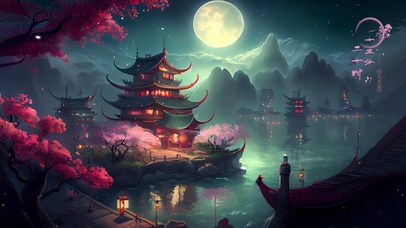 唯美古风插画春江阁楼月夜
