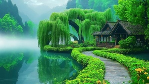 溪边柳树木屋
