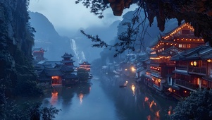 夜色渐深的河边古镇