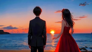 浪漫夕阳海边情侣