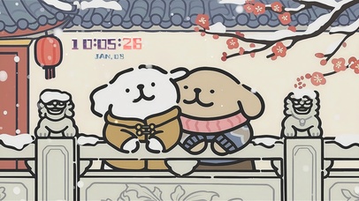 红墙雪梅与线条小狗