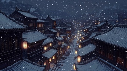 雪花纷飞古镇夜景
