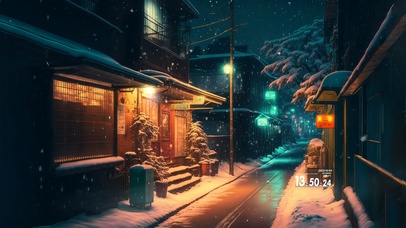 唯美冬日雪天夜晚小巷