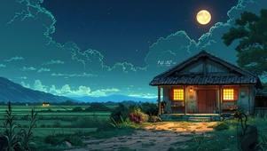 田野夜晚小屋