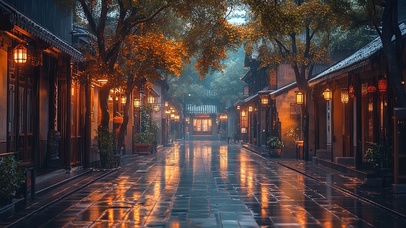 古镇静谧傍晚雨夜