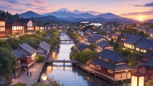 傍晚富士山下日式小镇