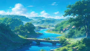 绿色护眼青山石桥溪流