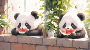 窗边吃西瓜的熊猫
