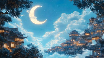 清新弯月蓝天悬浮古镇