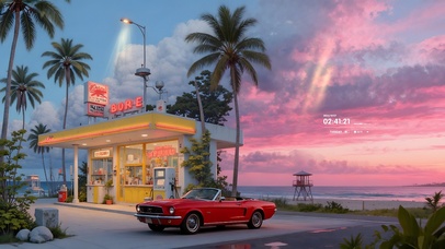 晚霞海边加油站