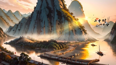 古风夕阳山水江上游