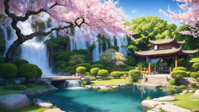 4k瀑布樱花凉亭