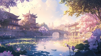 荷花盛开的紫色午后