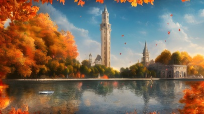 秋日湖边欧式建筑