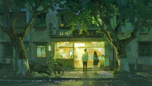 治愈夜晚街道商店